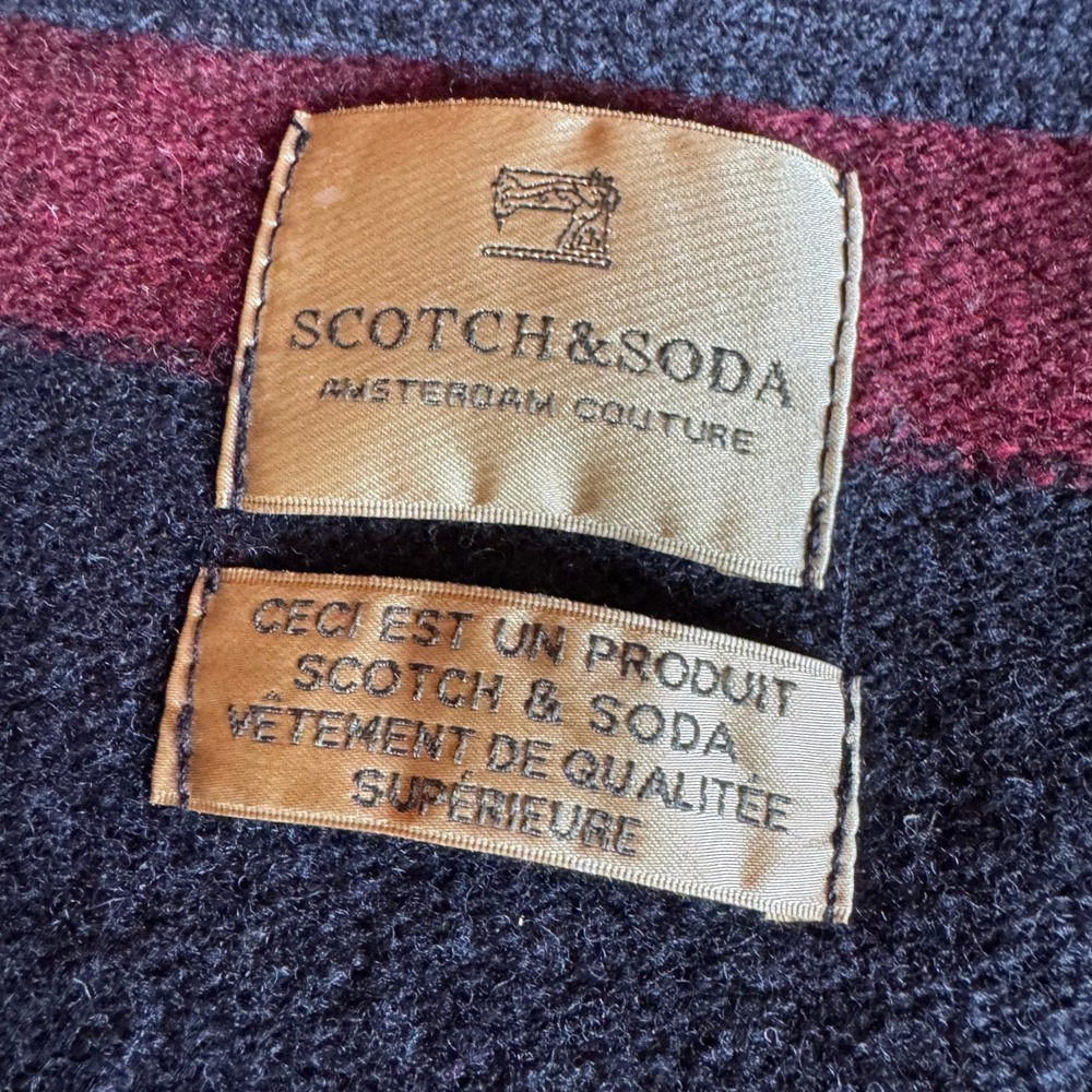Scotch & Soda Mens XXL Wool Cardigan Striped Leather Elbow Patches Burgundy Navy - Picture 9 of 11